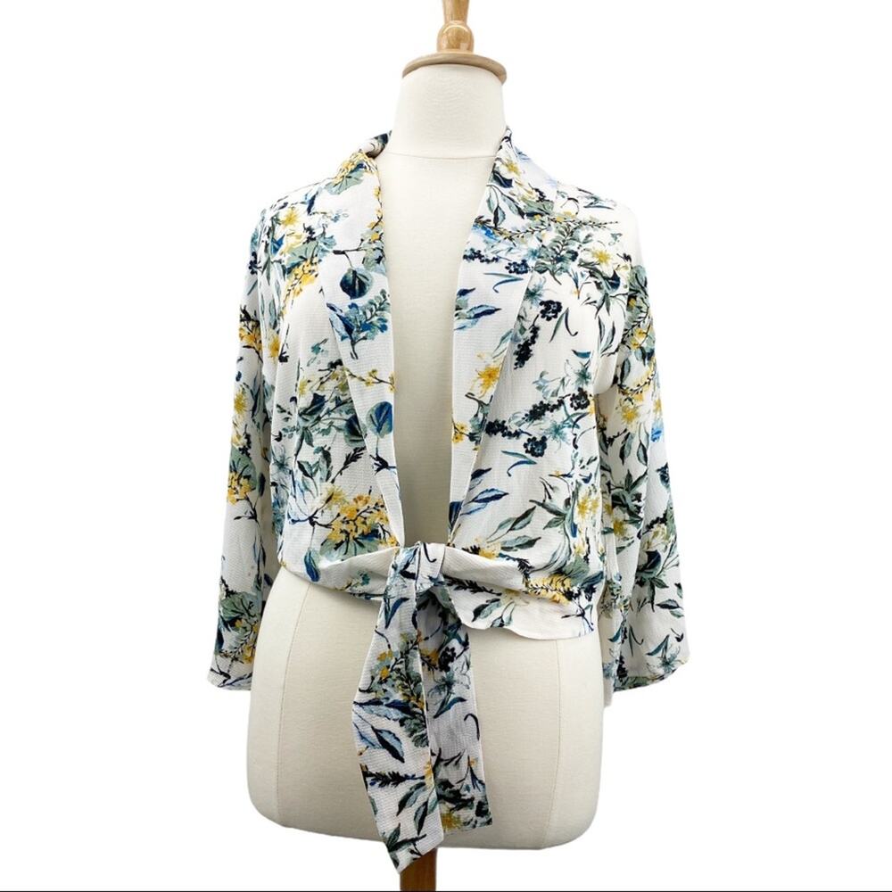Bobeau Womens S Tie Front Kimono Floral Wide Sleeve Wrap‎ Cardigan Blouse Boho